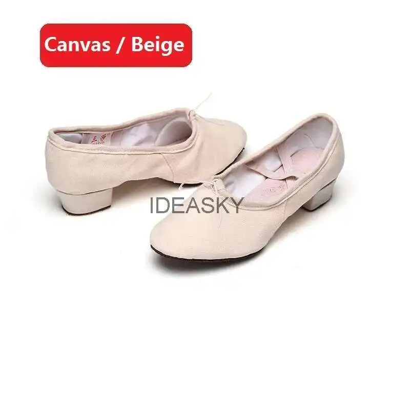 Quality Dancing Shoes For Women Middle Heel Pigskin Canvas Leather Girls Women's Ballet Dance Shoes Belly Yoga Teachers's Shoes detail