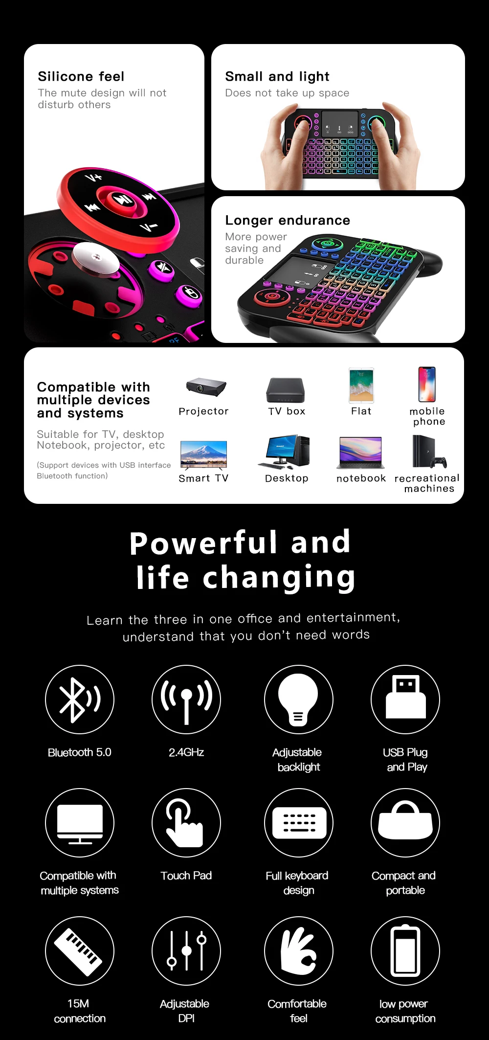 V8 24G Bluetooth Mini Keyboard 7Color Backlit Air Mouse Touchpad for Android TV Box detail