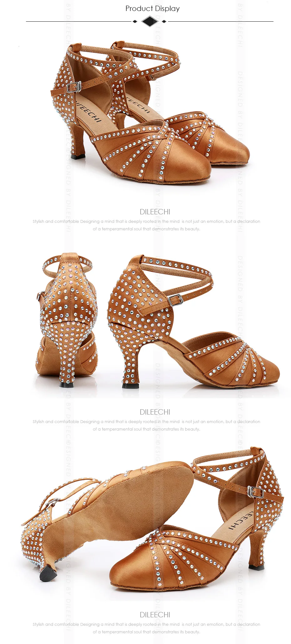 DILEECHI Tan Satin rhinestones Latin Modern dance shoes women Autumn and Winter Ballroom dancing shoes 7.5cm closed toe shoes detail