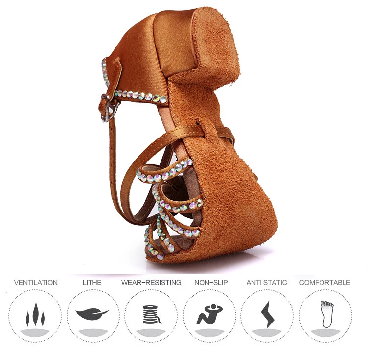 Summer Child Hot Latin Dance Shoes Women for Satin Salsa Dance Shoes Girls for Shine Rhinestone Ballroom Dance Shoes detail