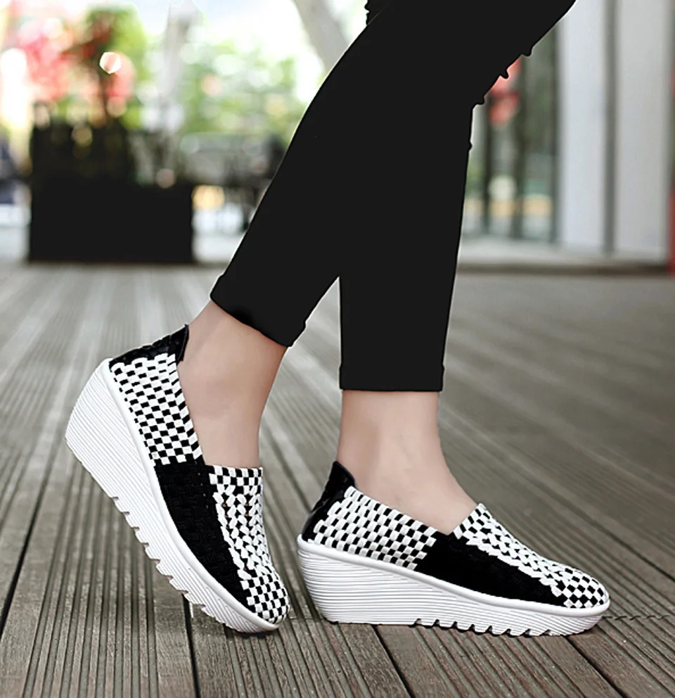 EOFK Autumn Women Woven Shoes Loafers Platform Handmade Elastic Slip on Nylon Woven Casual Wedges Shoes Lady detail