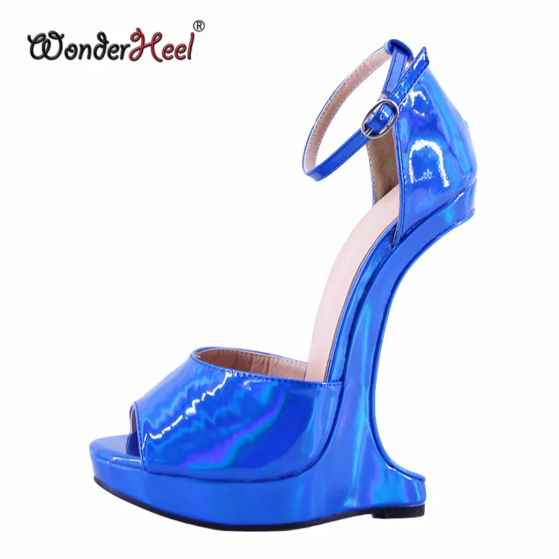 Wonderheel Extreme High Heel 18cm Wedges with 3cm Platform Sandals Laser Crystal Leather Peep Toe Buckles Straps Sexy Shoes detail