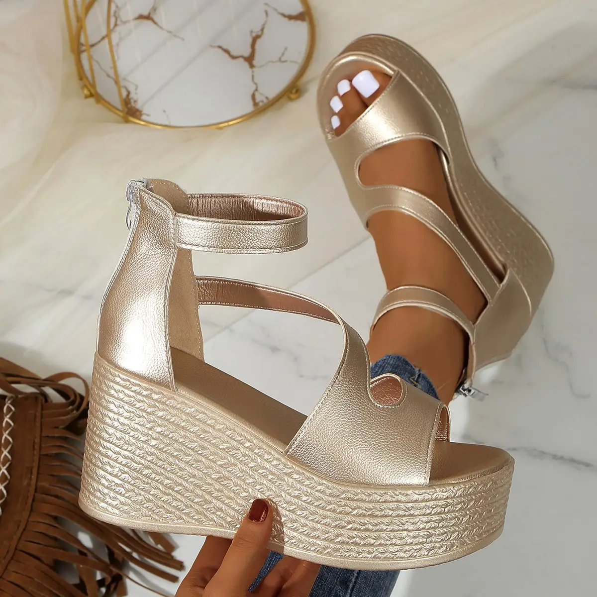 Open-toe Slope Sandals Leather Strap Roman Shoes 2025 Summer Fashion Lightweight Thick Sole Non-slip High Heels Women's Shoes product view