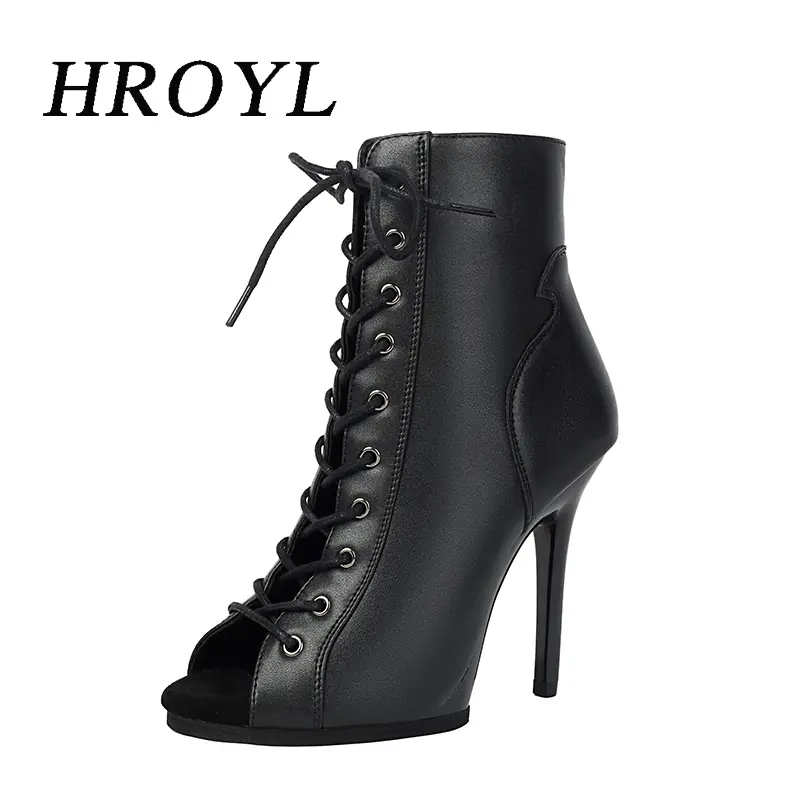 Black Sexy PU Platform Jazz Latin Custom Dance Shoes Lace-up High Heels Dance Shoes Soft-soled Short Boots Dance Boots for Women