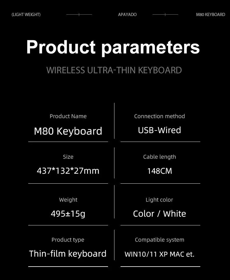 APAYADO M80 Quiet Office Wired Keyboard Thin-Film Structure 495g Weight 148CM Long Cord Full Layout USB Computer Keyboard detail