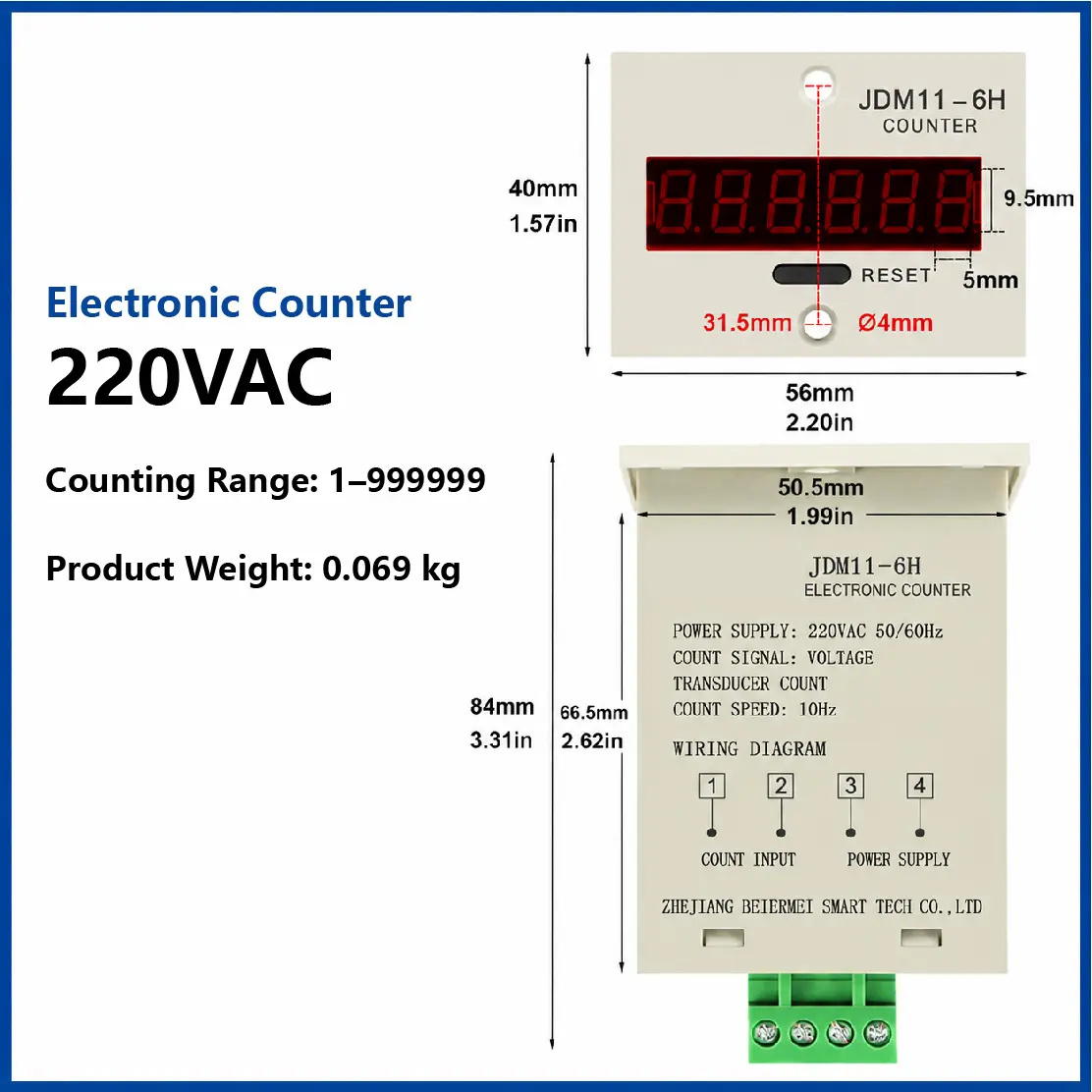 JDM11-6H 6 Digit Digital Counter LED Display Electronic Totalizer Industrial Panel Mount Counter Power Failure Memory 12-380V product view