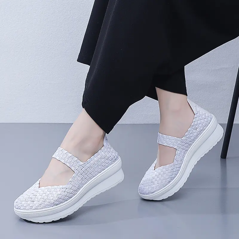 EOFK Autumn Women Woven Shoes Loafers Platform Handmade Elastic Slip on Nylon Woven Casual Wedges Shoes Lady product view