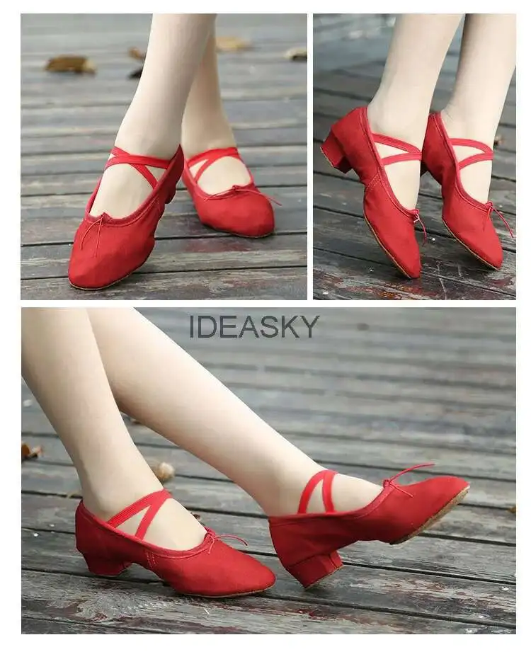 Quality Dancing Shoes For Women Middle Heel Pigskin Canvas Leather Girls Women's Ballet Dance Shoes Belly Yoga Teachers's Shoes detail