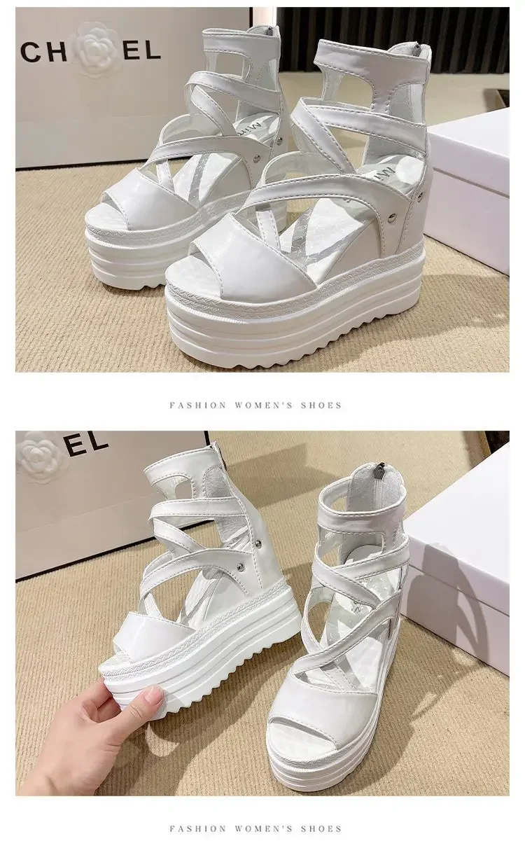Women's High Heel Sandals 13CM Slope Heel Thick Bottom Cross Band Fish Mouth Shoes New Style Increased Height Summer Shoes detail
