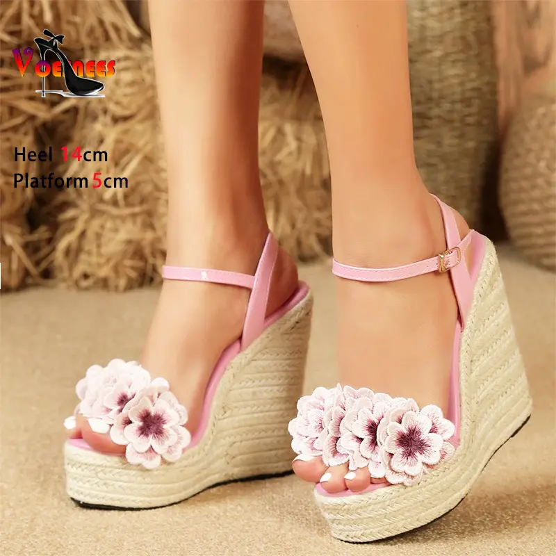 Women Sexy Wedge Sandals with Flower Sexy 14cm Fashion Simple Slope Heel Waterproof Platform Hemp rope woven bottom Car Sandals product view
