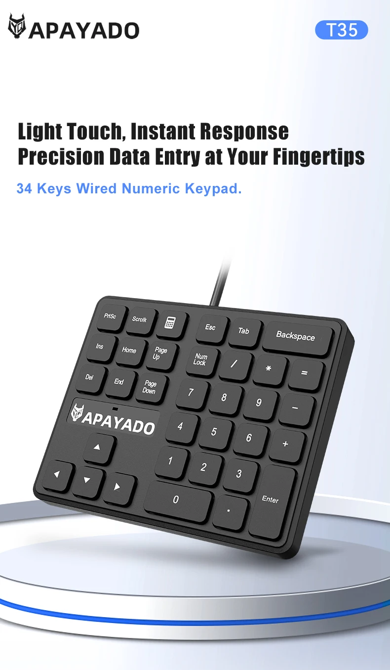 T35 Wired Numeric Keypad 34 Keys APAYADO USB Number Pad Plug Ergonomic Ultra Thin Portable for Finance detail