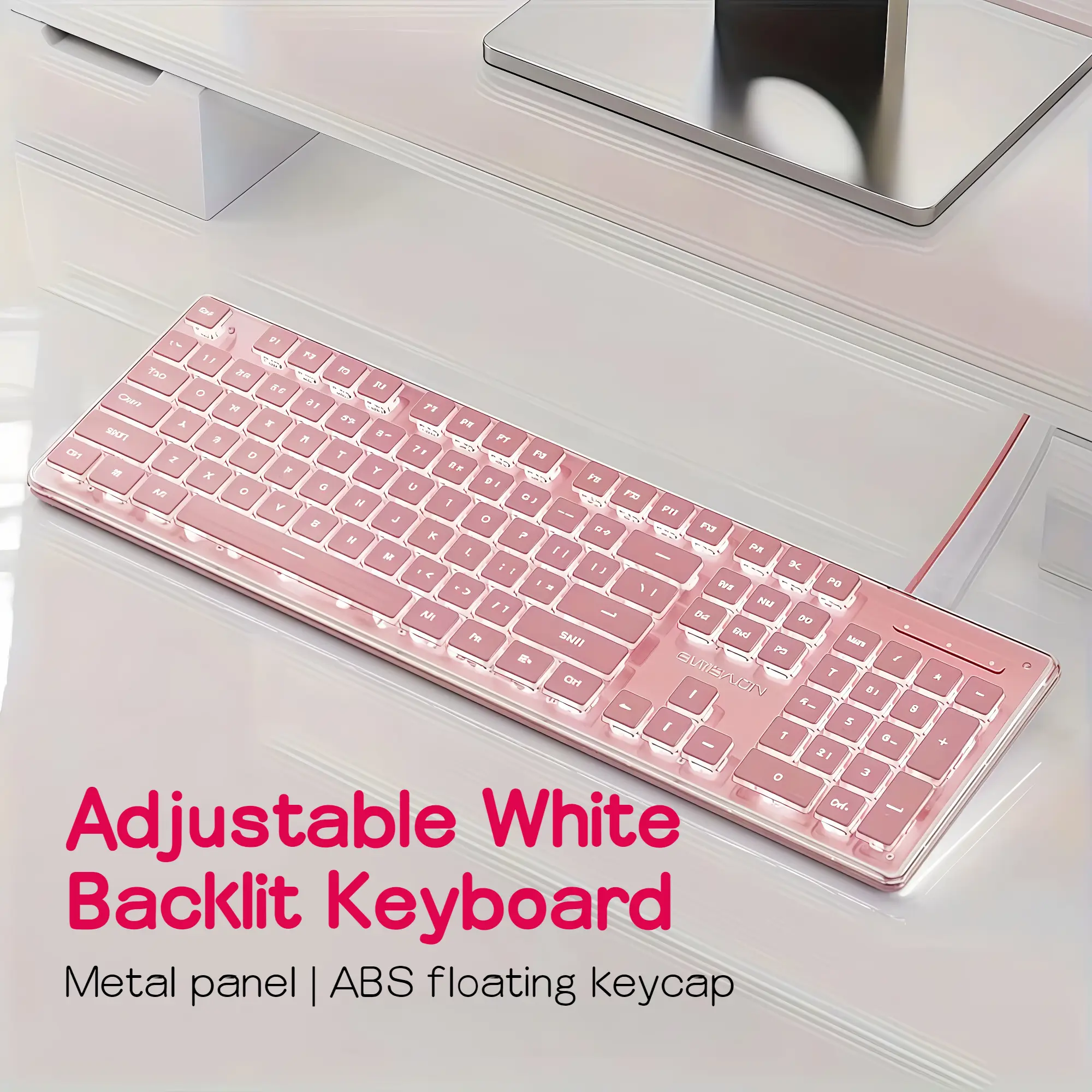 Ice Blue Backlit Gaming Keyboard Pudding Keycaps Metal Panel Wired USB LED Light Adjustable 104 Keys Mechanical Feel Pink White for PC Laptop product view