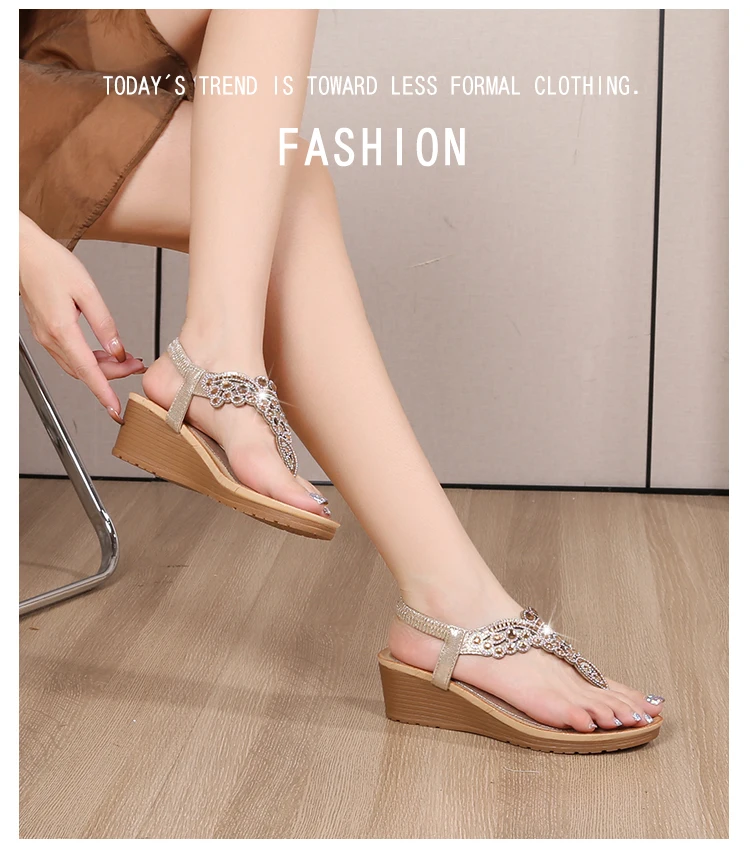 Ladies Roman Sandals Bohemian Ethnic Style Water Diamond Slope Heel Summer New Fashion Shoes Low Help Glue Stick Sandals detail