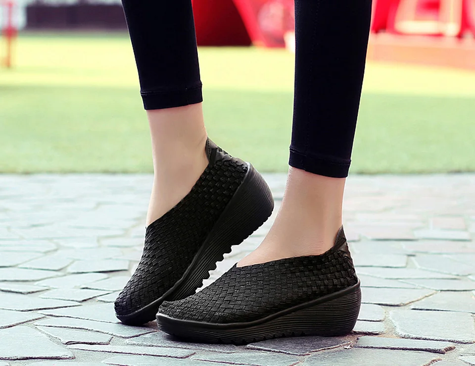 EOFK Autumn Women Woven Shoes Loafers Platform Handmade Elastic Slip on Nylon Woven Casual Wedges Shoes Lady detail