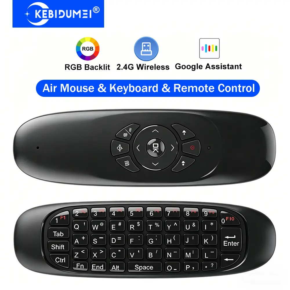 KEBIDUMEI 2.4G Wireless Air Fly Mouse Remote Control Mini Keyboard RGB Backlit with Google Assistant for Android Smart TV Box