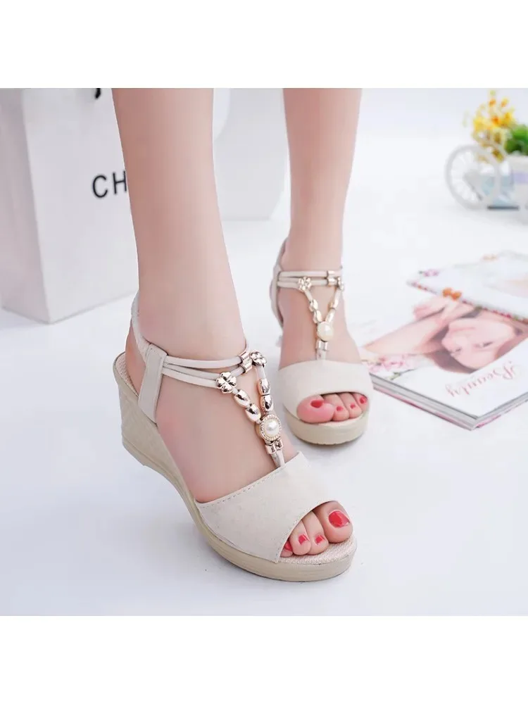 Fish-mouthed Women's Sandals Midheel Breathable Woman Shoes Trendy Slope Heeled Women Sandals Open Toed Beaded Sandals for Women detail