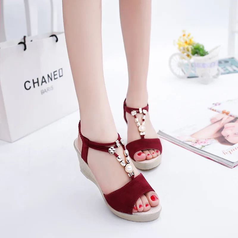 Fish-mouthed Women's Sandals Midheel Breathable Woman Shoes Trendy Slope Heeled Women Sandals Open Toed Beaded Sandals for Women detail