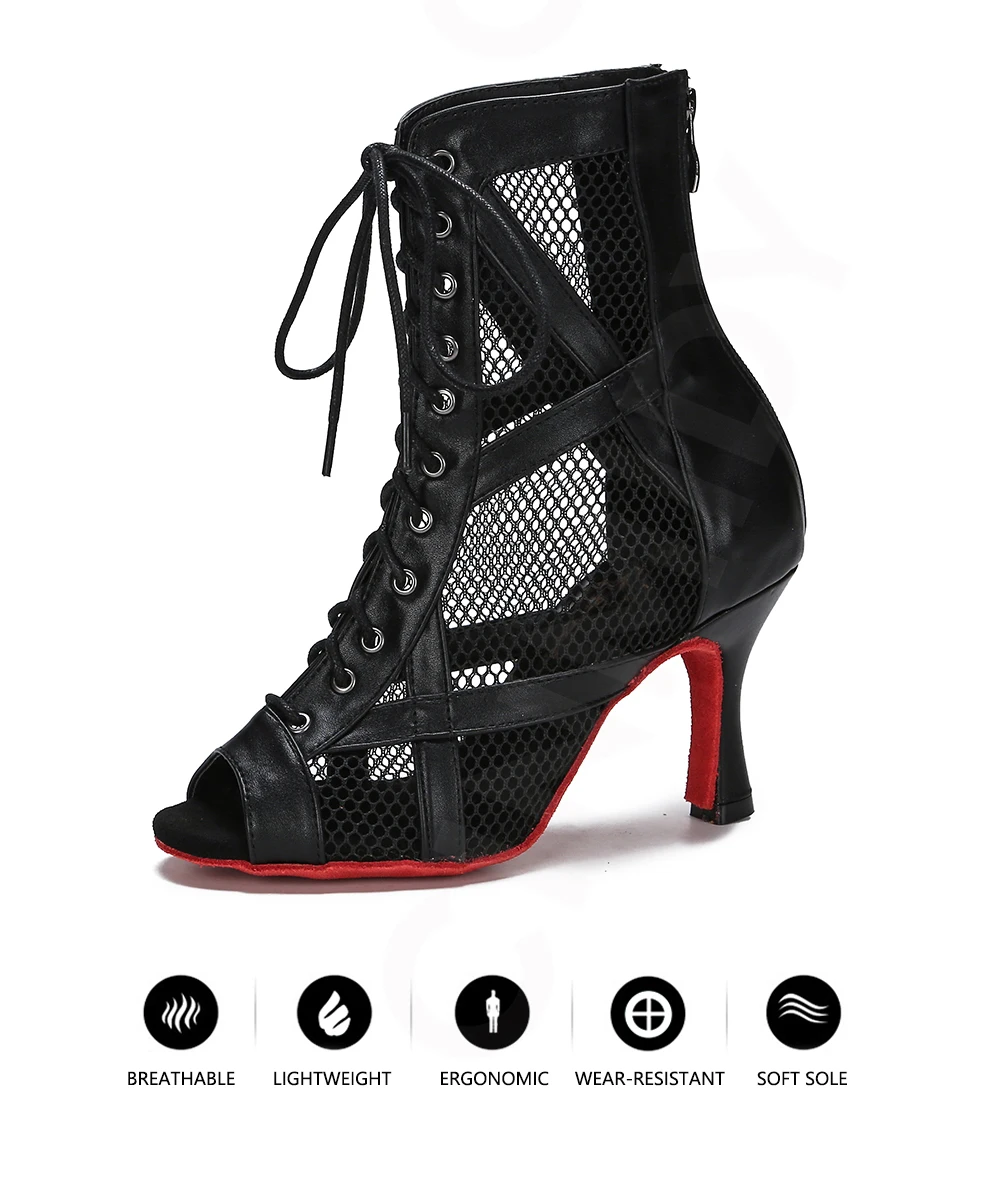 CINMIDY Leather Dance Boots Red /Black lSole Ballroom Dancing Shoes Latin Dance Shoes Woman Pole Dance Boots Ladies Party Shoes detail