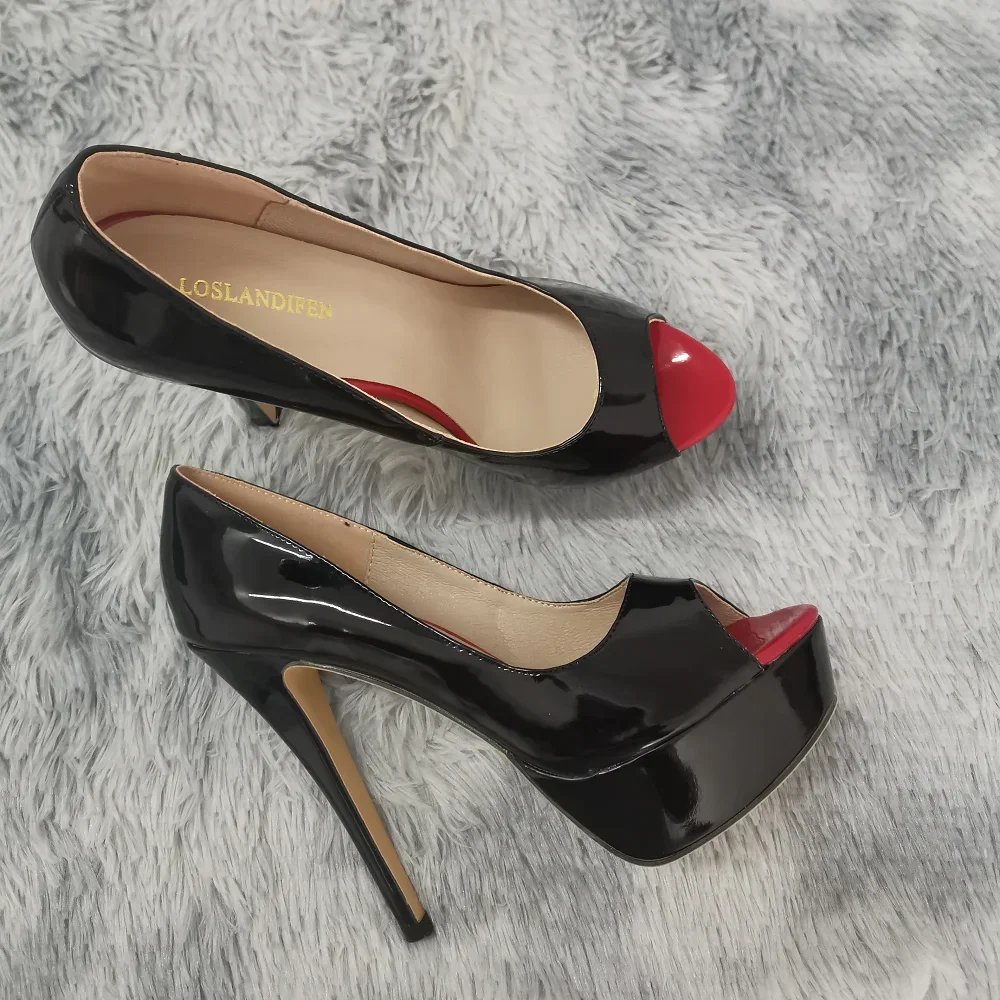LOSLANDIFEN Women Pumps Sexy Peep Toe Platform 14cm Super High Heels Patent Leather Shoes Red Wedding Stilettos Large Size 44 detail