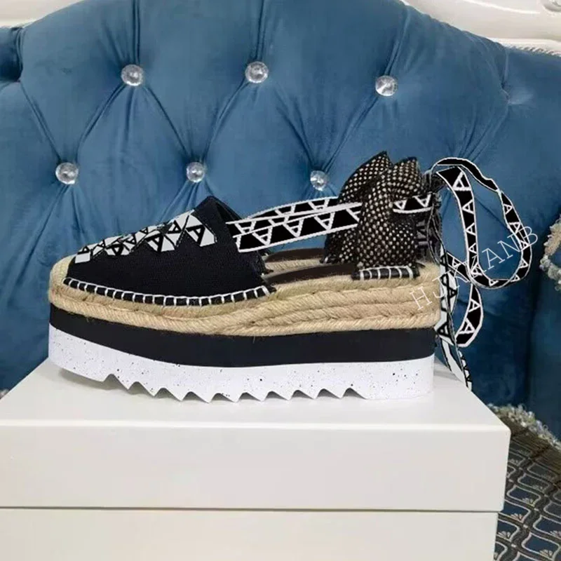 Summer Women Wedge Heel Sandals Canvas Thick Sole Ankle Strappy Sandalias Ladies Beach Vacation Fisherman Shoes Grass Sole Pumps detail