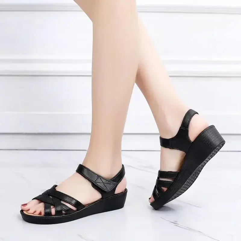 Women's Summer New Soft Sole Non Slip Comfortable Casual Shoes with Sloping Heel and Thick Sole Velcro Breathable Sandals product view