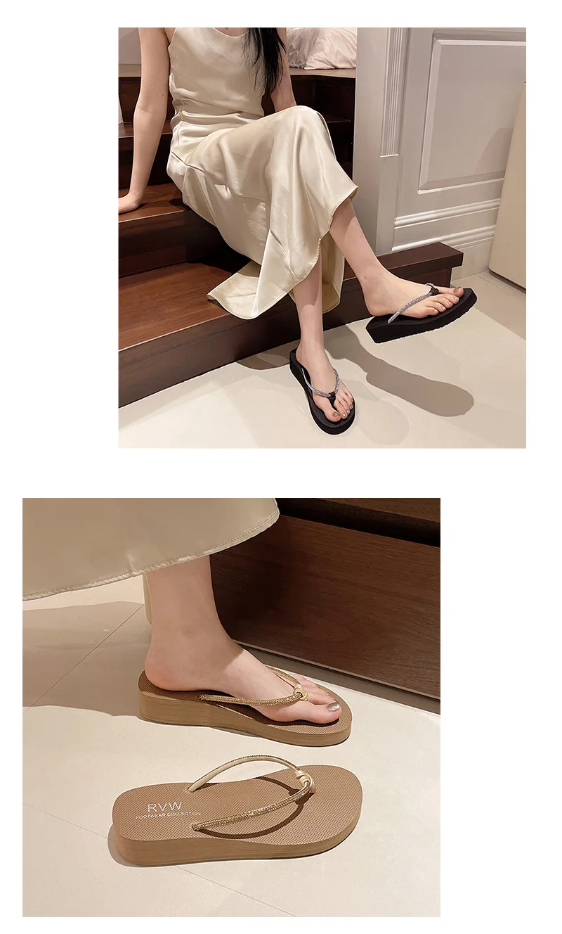 New Beach Shoes, Slippers for Women's Summer Fashion, Wearing Rhinestone Flip Flops, Mid Heel, Thick Sole, Sloping Heel, Clip On detail