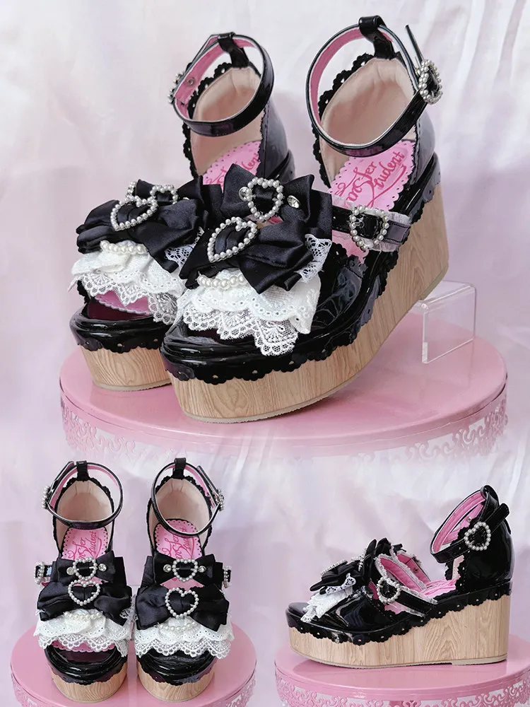 Y2K Millennium Lolita Original Design Slope Heel Open-toed Sandals Japanese Girl Ancient Feeling Sweet Bow Lo Shoes detail