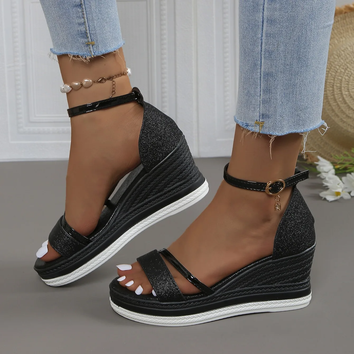 2024 New Summer Women Wedges Sandals Fashion Solid Color Shoes for Women High Heels Platform Designer Sandals Zapatos De Mujer detail
