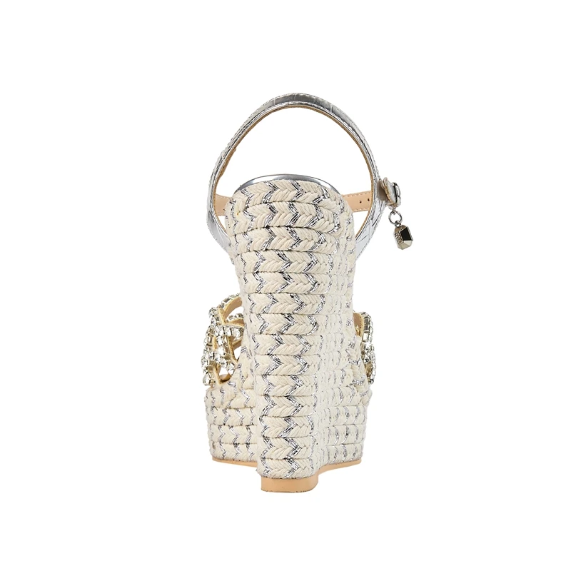 Women's New Summer Round Toe Thick Sole With Diamond Inlaid High Heels, Large Open Toe Hemp Rope Woven Slope Heel Sandals detail