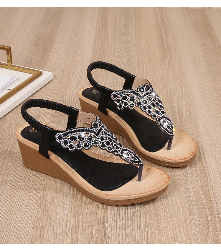 Ladies Roman Sandals Bohemian Ethnic Style Water Diamond Slope Heel Summer New Fashion Shoes Low Help Glue Stick Sandals detail