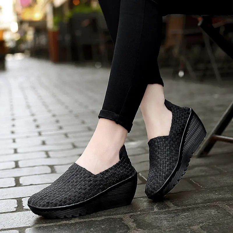 EOFK Autumn Women Woven Shoes Loafers Platform Handmade Elastic Slip on Nylon Woven Casual Wedges Shoes Lady product view