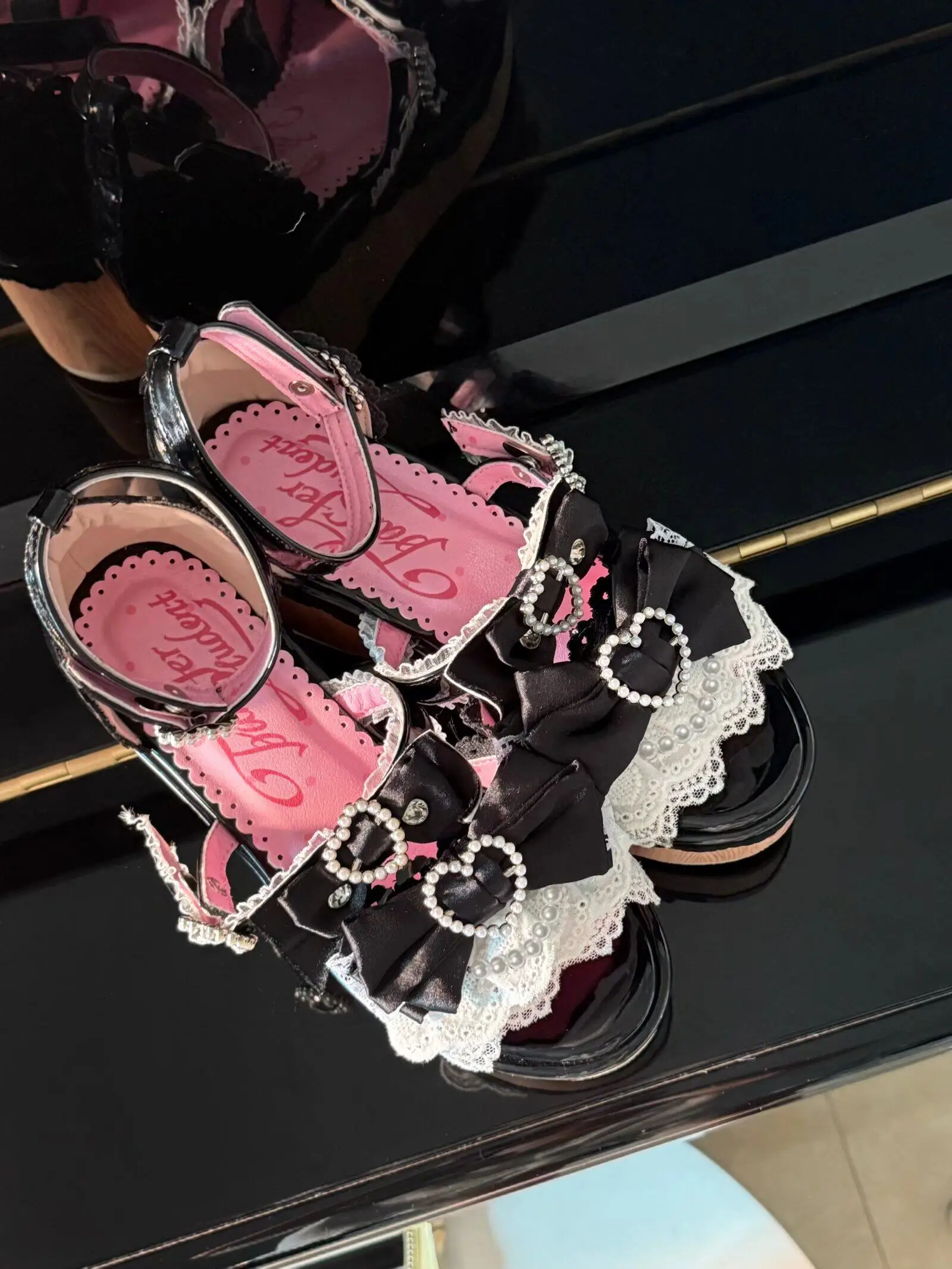 Y2K Millennium Lolita Original Design Slope Heel Open-toed Sandals Japanese Girl Ancient Feeling Sweet Bow Lo Shoes detail