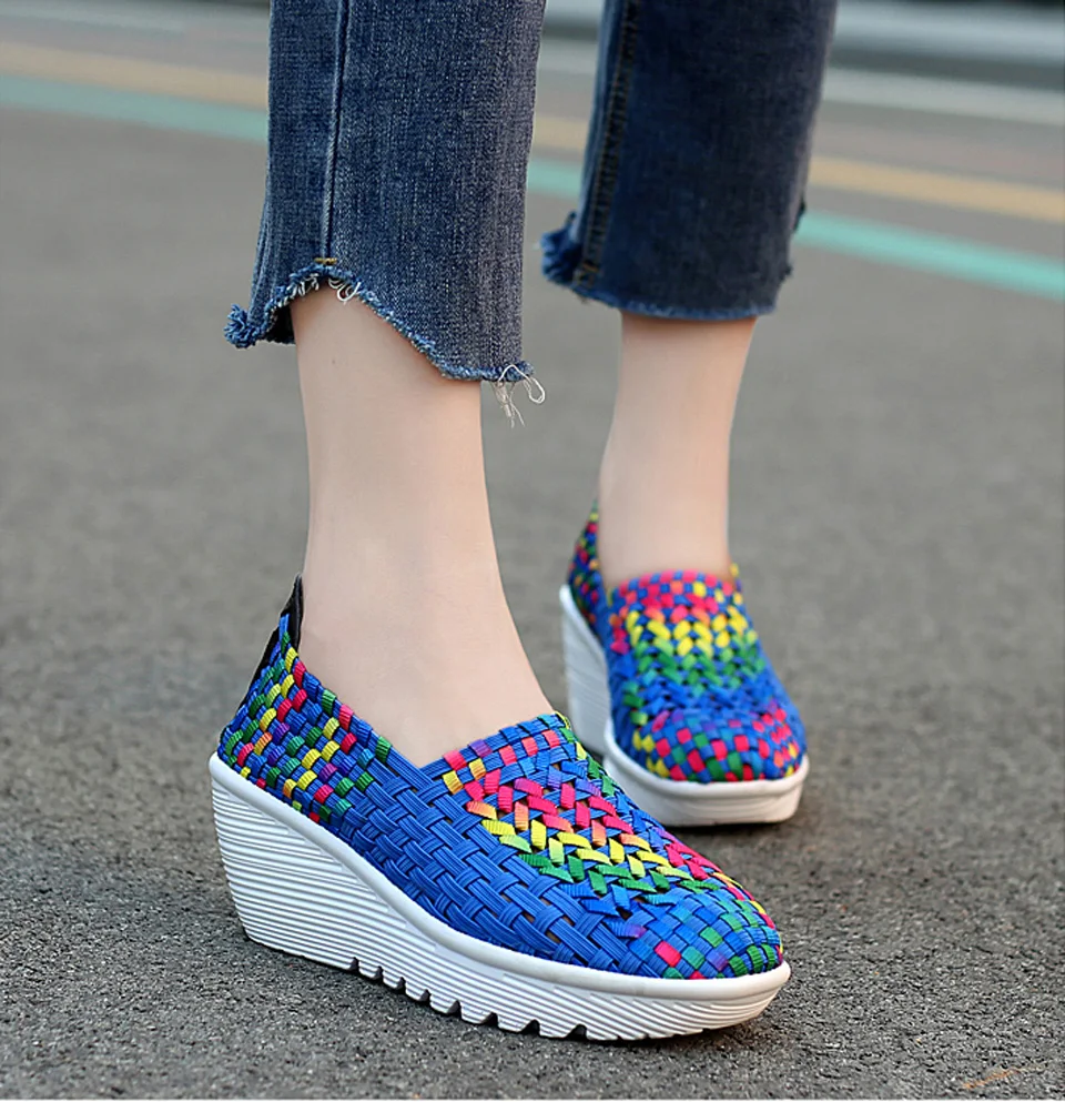 EOFK Autumn Women Woven Shoes Loafers Platform Handmade Elastic Slip on Nylon Woven Casual Wedges Shoes Lady detail