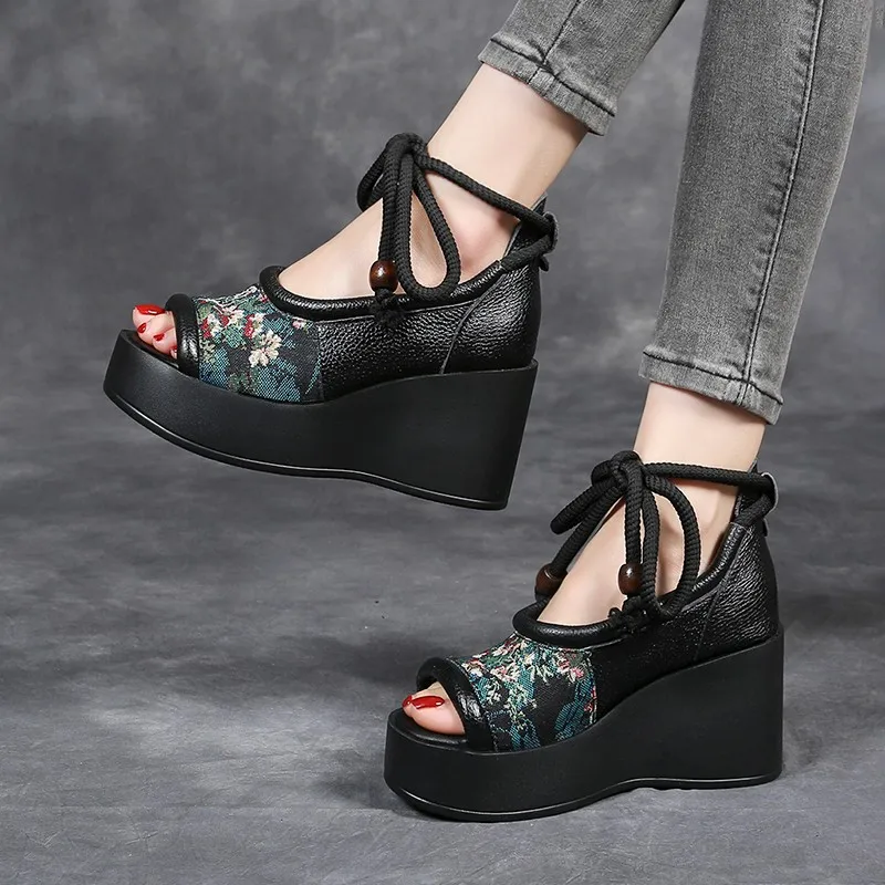 Soft Leather New Chinese Embroidered Slope High Heel Fish Mouth Sandals Women's Vintage Lace-up Platform Cutout Roman Shoes detail