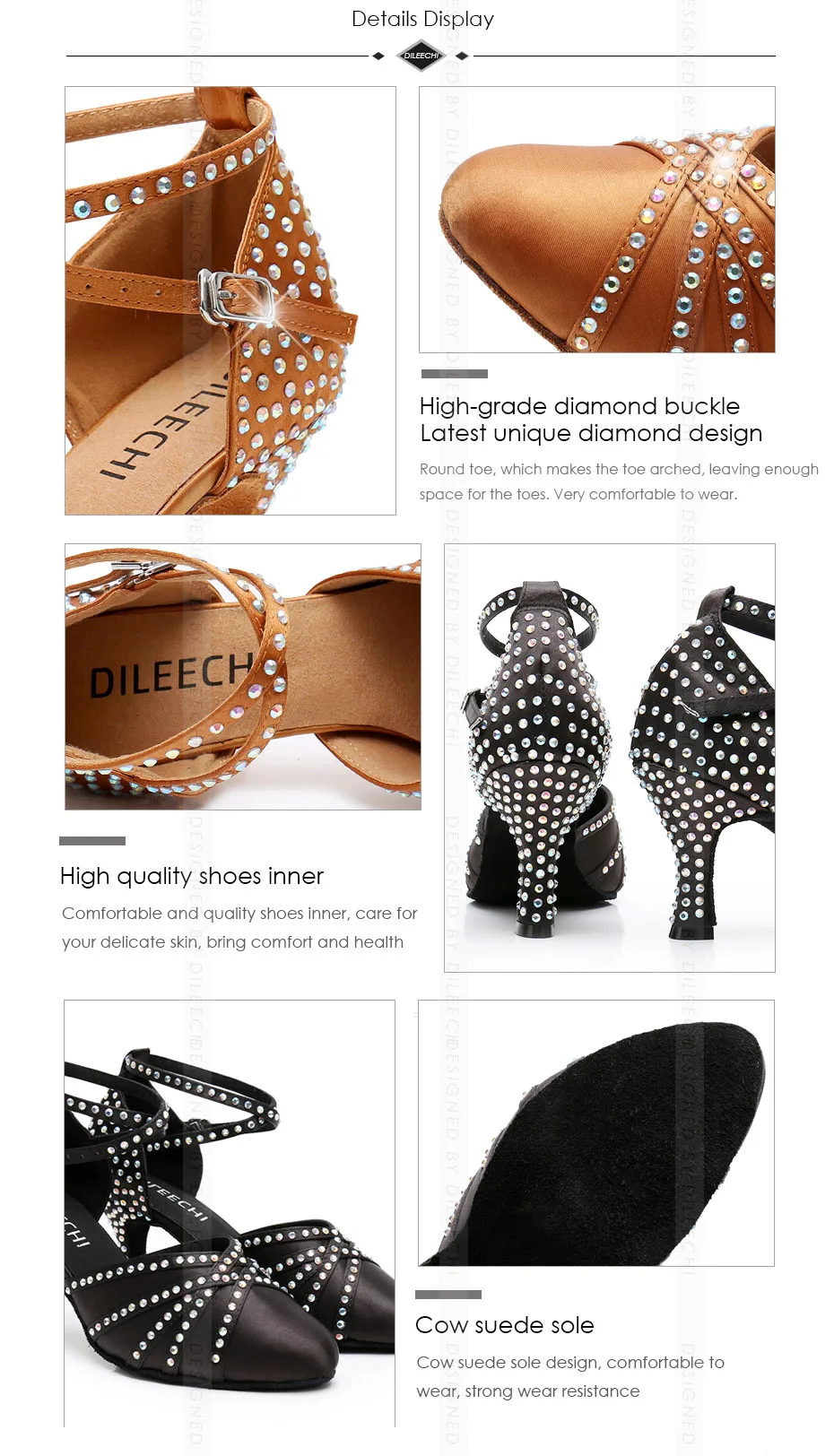 DILEECHI Tan Satin rhinestones Latin Modern dance shoes women Autumn and Winter Ballroom dancing shoes 7.5cm closed toe shoes detail