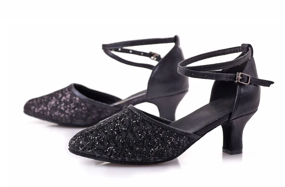 Adult Ladies Women Latin/Salsa/Tango Dance Shoes Closed Toe Glitter Blue/Black Ballroom Dance Shoes High Heels 5/7cm Party Shoes detail