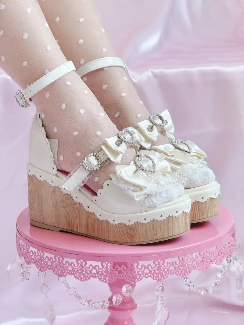 Y2K Millennium Lolita Original Design Slope Heel Open-toed Sandals Japanese Girl Ancient Feeling Sweet Bow Lo Shoes product view
