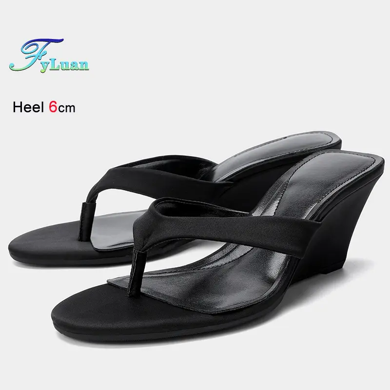 Fashion Summer Black Women's Slippers Round Toe Sloping Heels 6cm Ladies Pumps Flip Flops Slip-on Leisure Beach Shoes Size 35-40