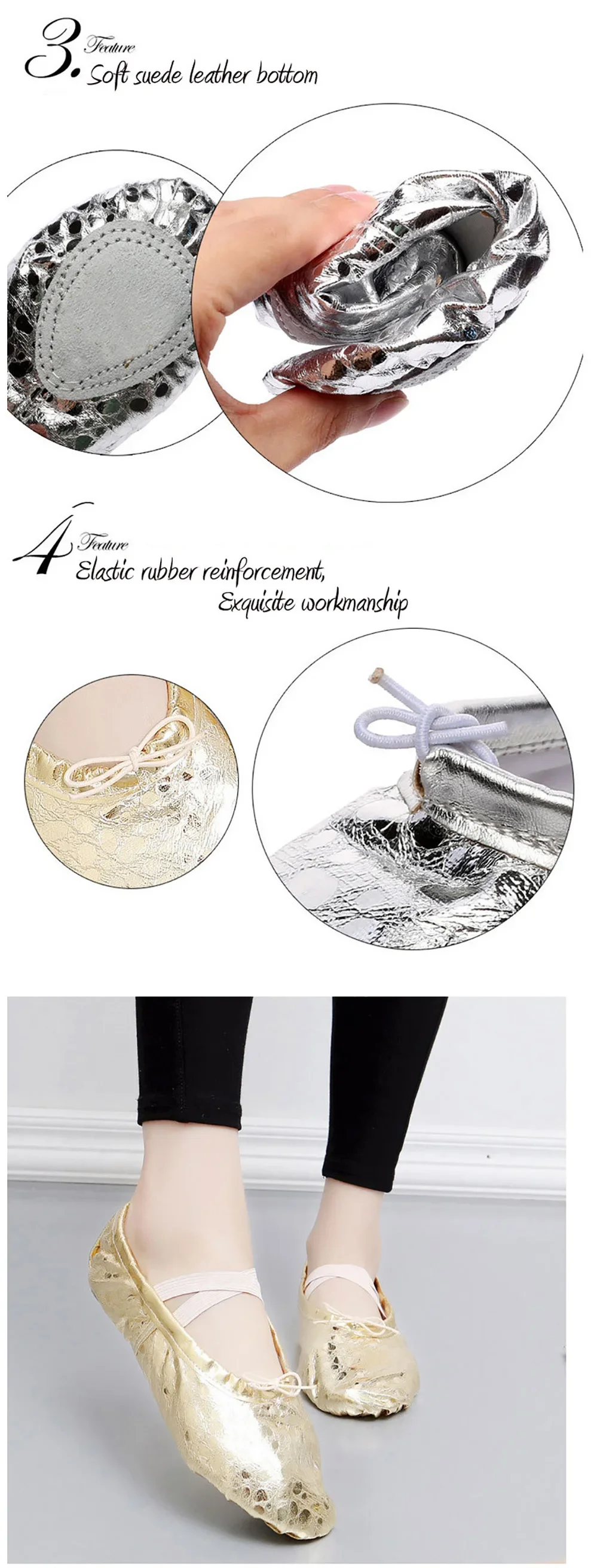 TOVEKIN Quality Gold Silver PU Performance Yoga Belly Dance Shoes Soft Sole Gym Ballet Dance Shoes Kids Girls Woman detail