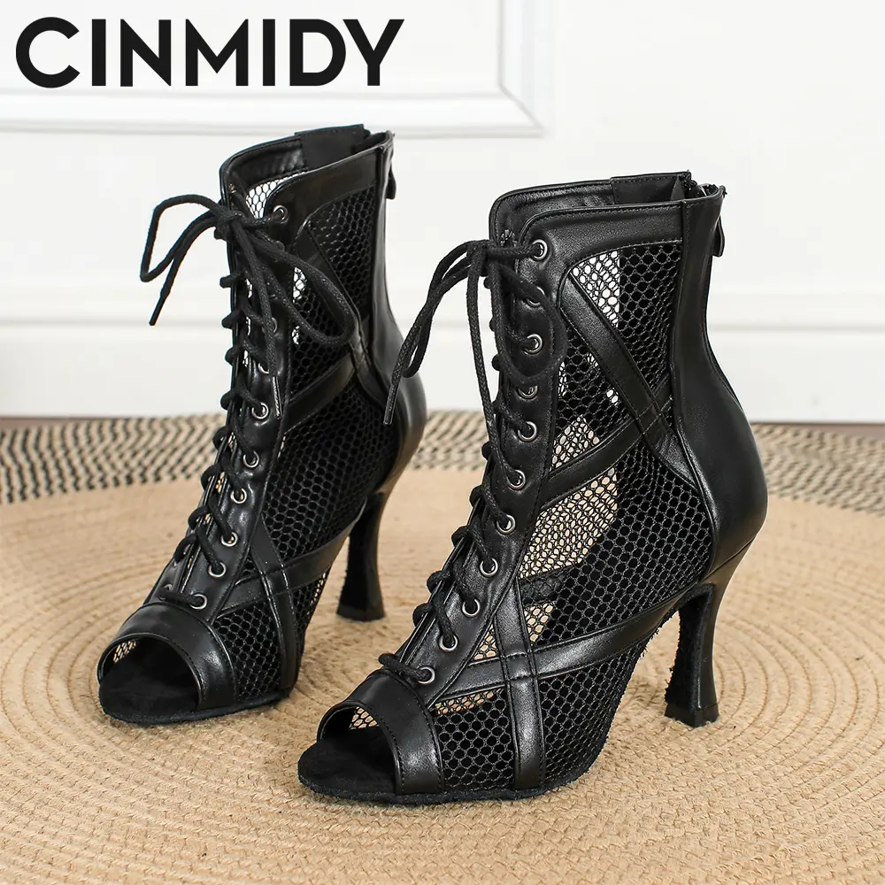 CINMIDY Leather Dance Boots Red /Black lSole Ballroom Dancing Shoes Latin Dance Shoes Woman Pole Dance Boots Ladies Party Shoes product view