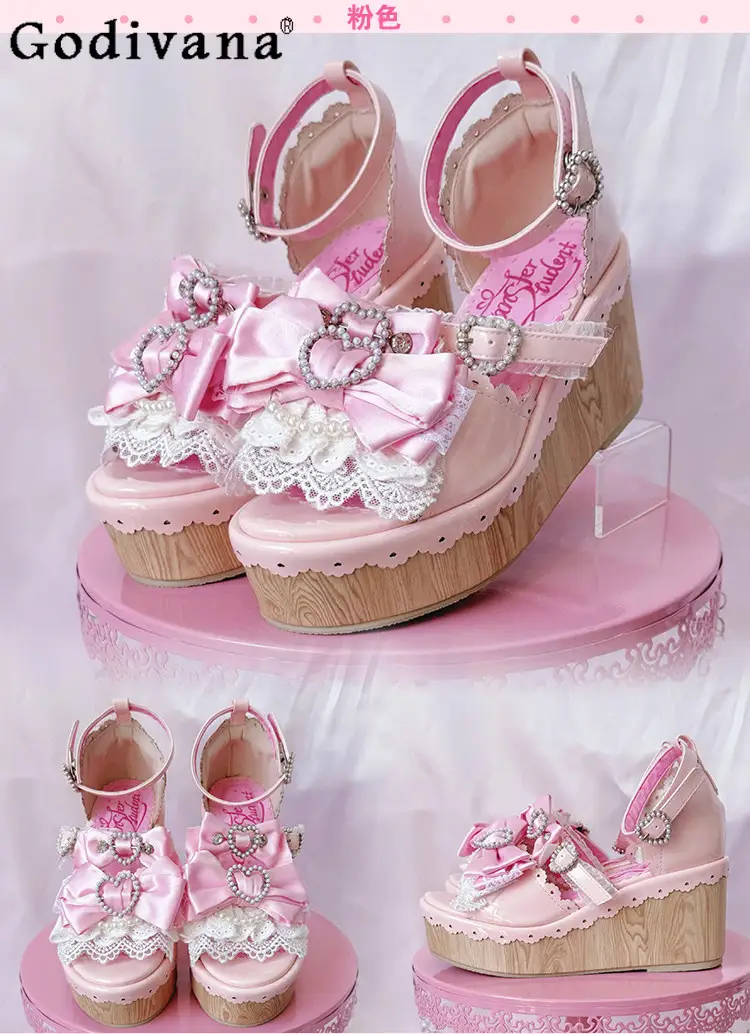 Y2K Millennium Lolita Original Design Slope Heel Open-toed Sandals Japanese Girl Ancient Feeling Sweet Bow Lo Shoes product view