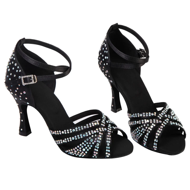 Latin Dance Shoes Adult Women's High Heel Dance Shoes Satin Salty High Heel Shoes with Diamond Embedding Dance Shoes 7.5cm detail