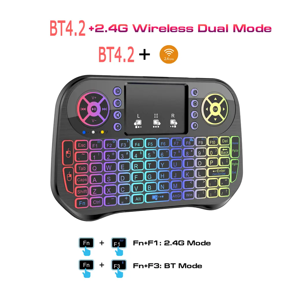 Wireless Mini Keyboard Dual Mode BT4.2 2.4G Air Mouse Remote Control Backlit 7 color Touchpad for Android TV Box PC Projector product view