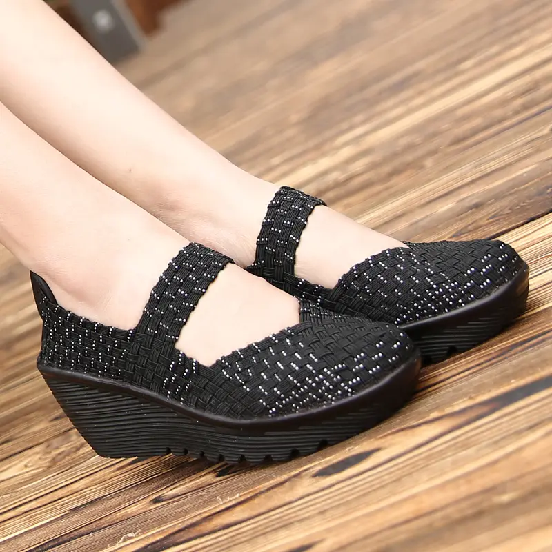 EOFK Autumn Women Woven Shoes Loafers Platform Handmade Elastic Slip on Nylon Woven Casual Wedges Shoes Lady product view