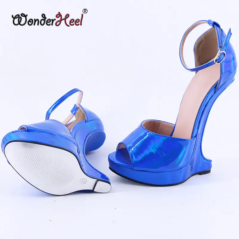 Wonderheel Extreme High Heel 18cm Wedges with 3cm Platform Sandals Laser Crystal Leather Peep Toe Buckles Straps Sexy Shoes product view