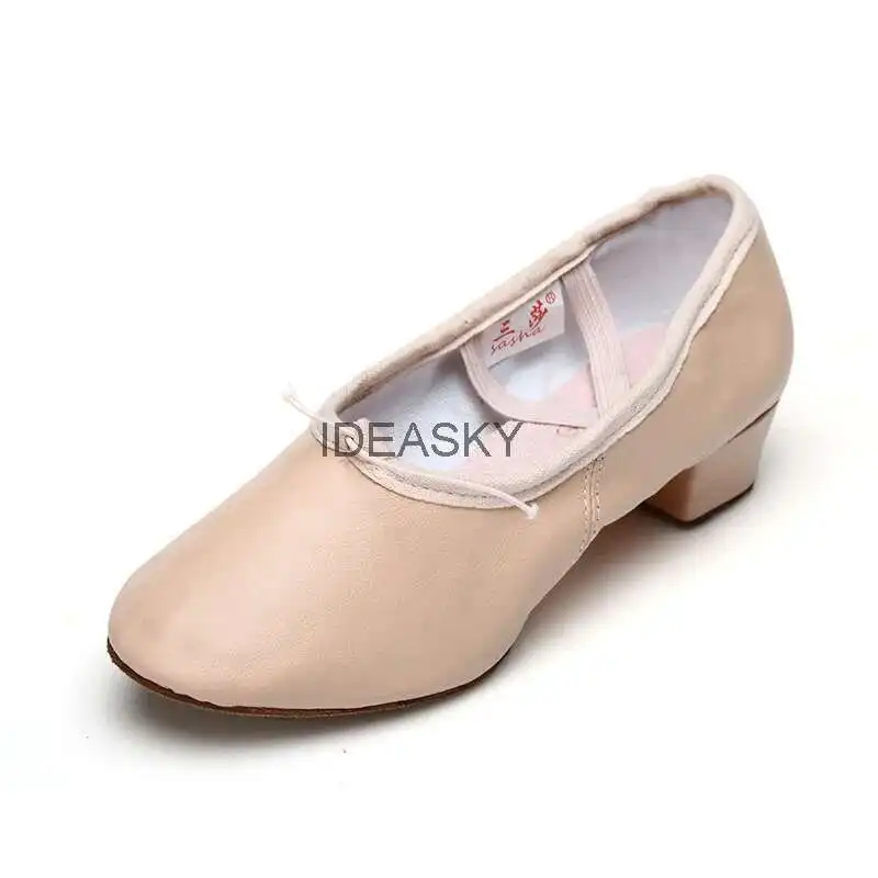 Quality Dancing Shoes For Women Middle Heel Pigskin Canvas Leather Girls Women's Ballet Dance Shoes Belly Yoga Teachers's Shoes detail
