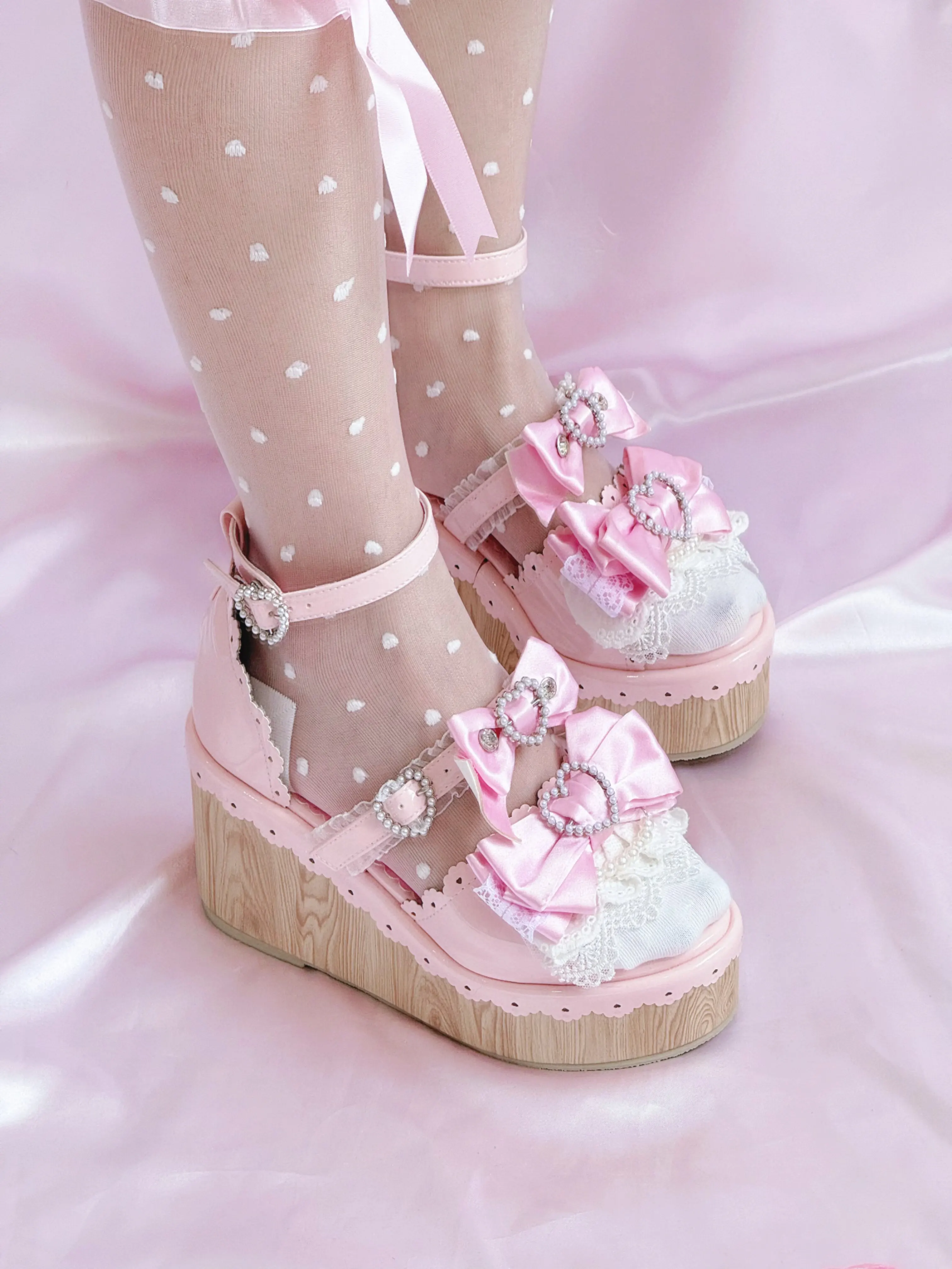 Y2K Millennium Lolita Original Design Slope Heel Open-toed Sandals Japanese Girl Ancient Feeling Sweet Bow Lo Shoes detail