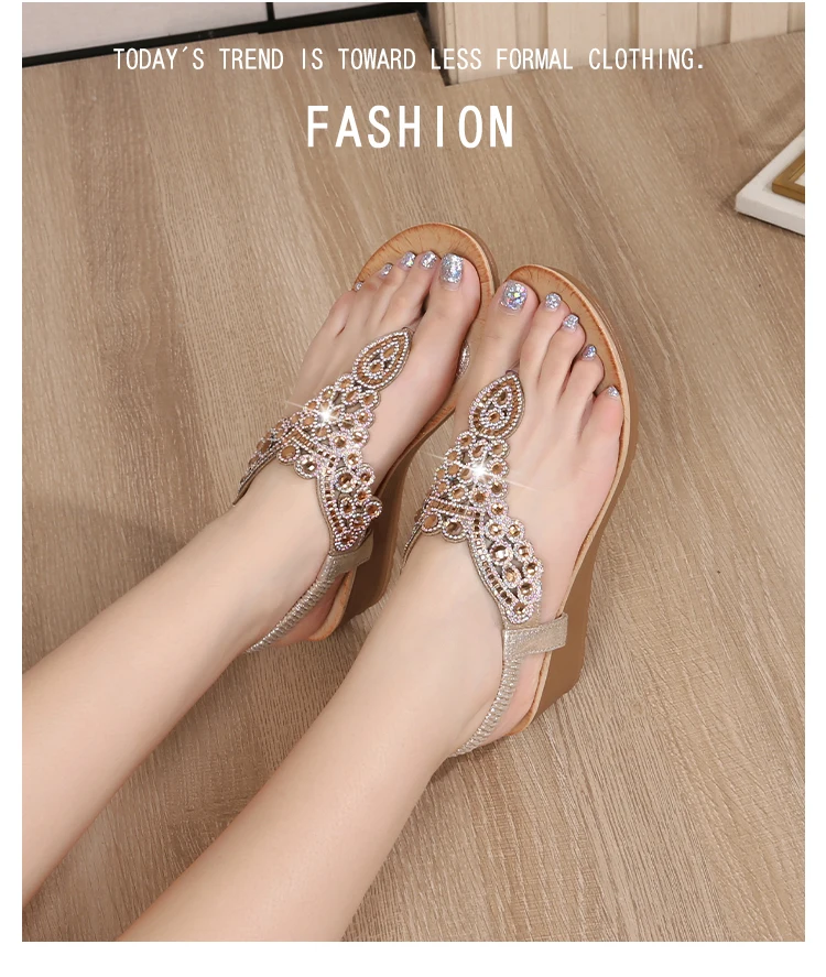 Ladies Roman Sandals Bohemian Ethnic Style Water Diamond Slope Heel Summer New Fashion Shoes Low Help Glue Stick Sandals detail