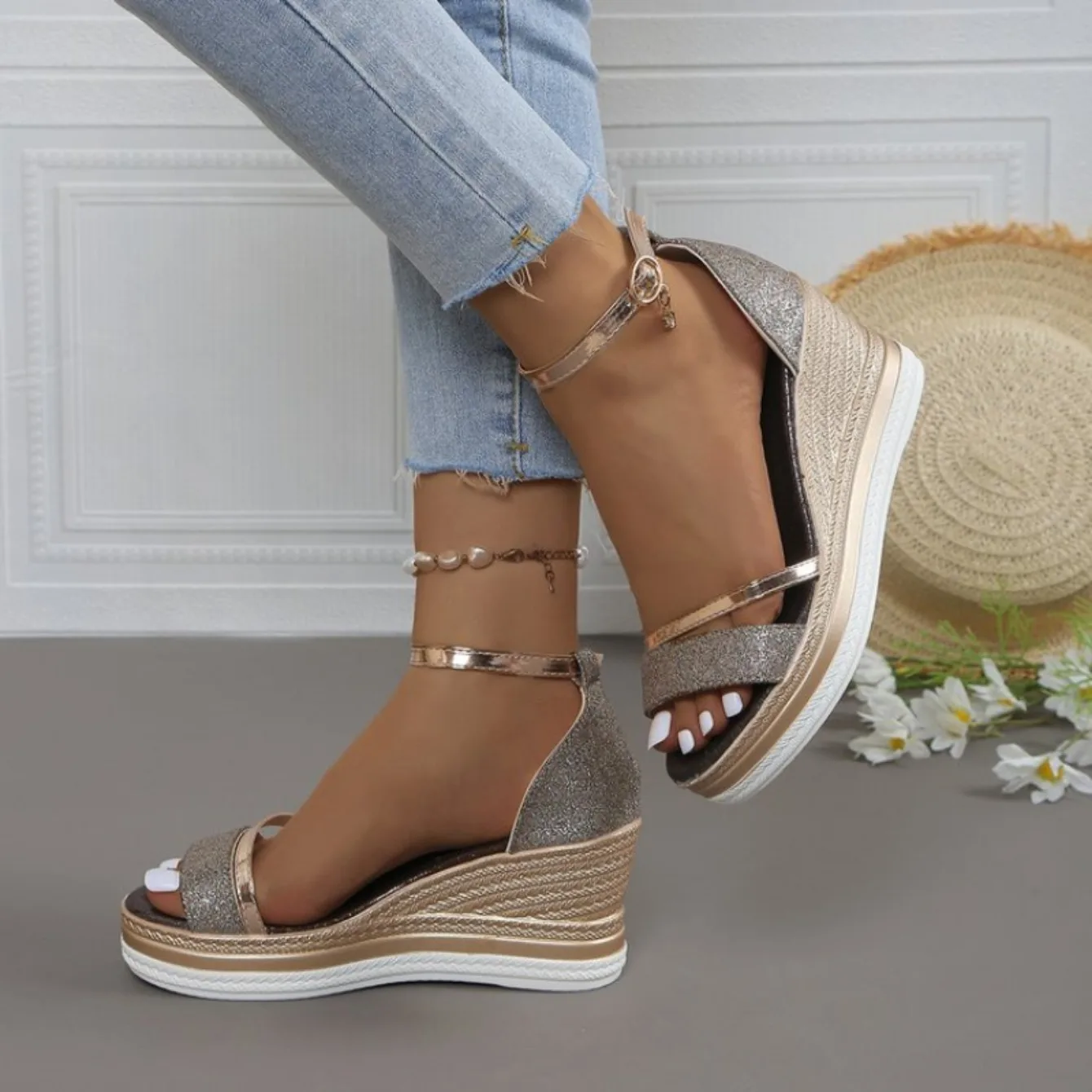 2024 New Summer Women Wedges Sandals Fashion Solid Color Shoes for Women High Heels Platform Designer Sandals Zapatos De Mujer detail