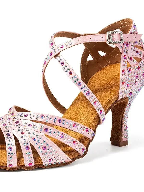 Latin dance shoes pink adult women's high heels rhinestone square dance shoes soft sole national standard double ballroom dance detail
